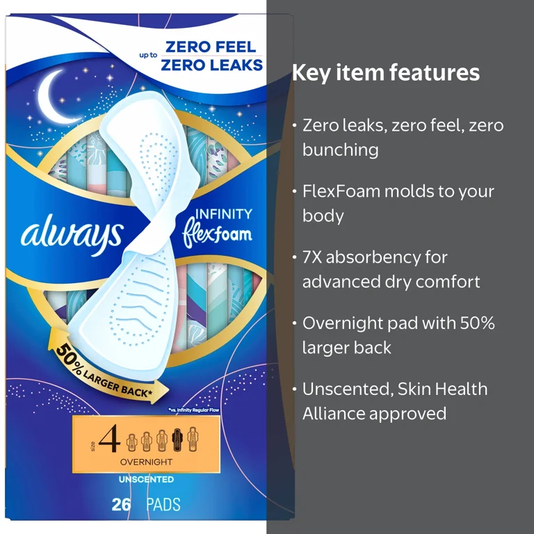 Always Infinity FlexFoam Pads, Size 4, Overnight, Wings, Unscented Always Infinity FlexFoam Pads, Size 4, Overnight, Wings, Unscented