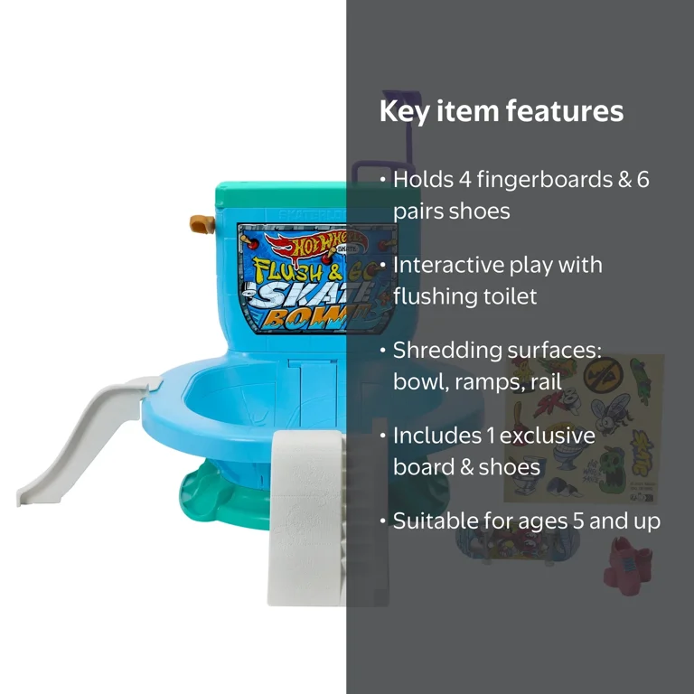 Hot Wheels, Skate Fingerboard Set, Flush & Go Bowl, 15 in
