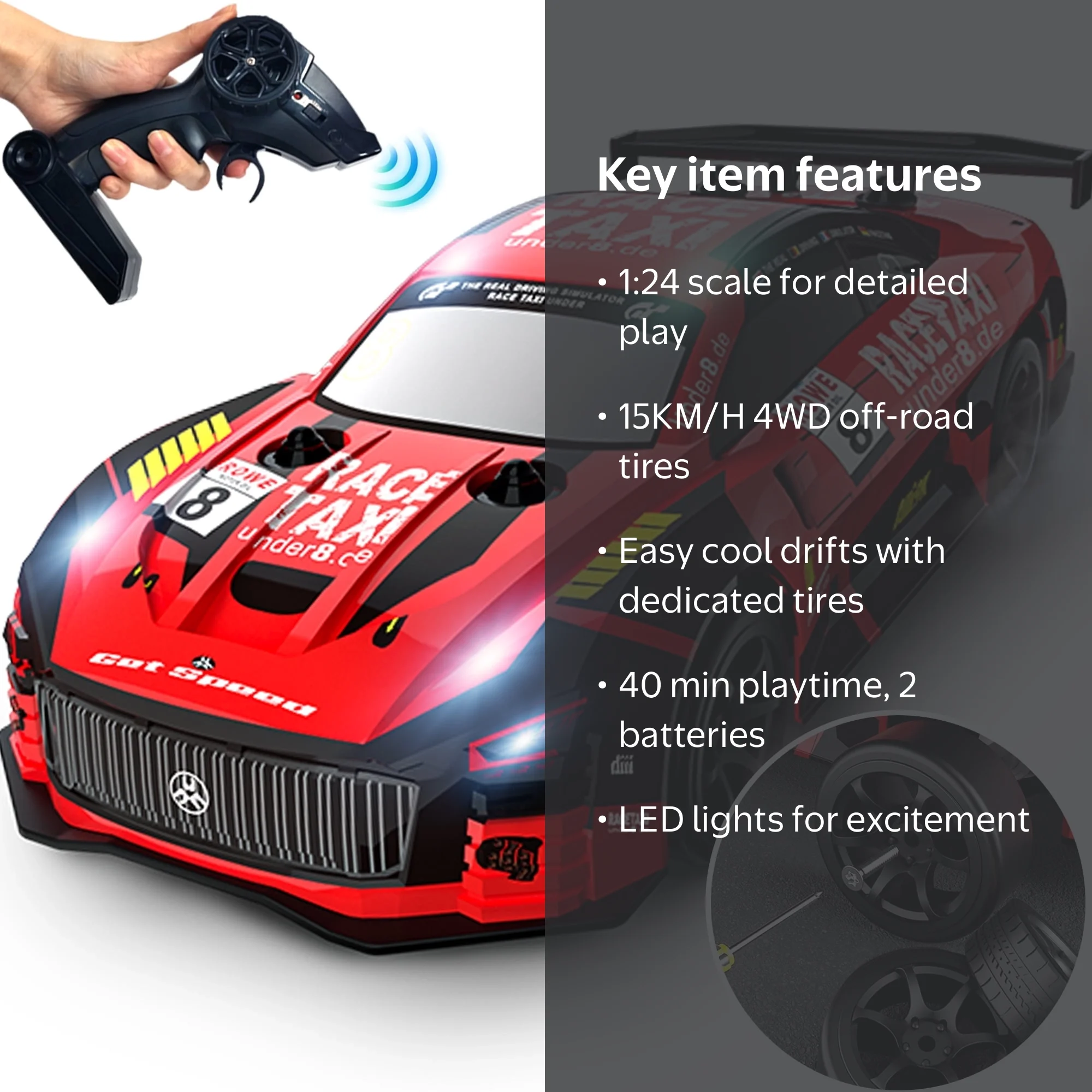 PLLYPE Coche RC Drift 1:24 – 30 Km/h, 2.4 GHz, Luces LED, 4 Neumáticos Y 4 Barreras, Blanco, Para Niños Y Adultos