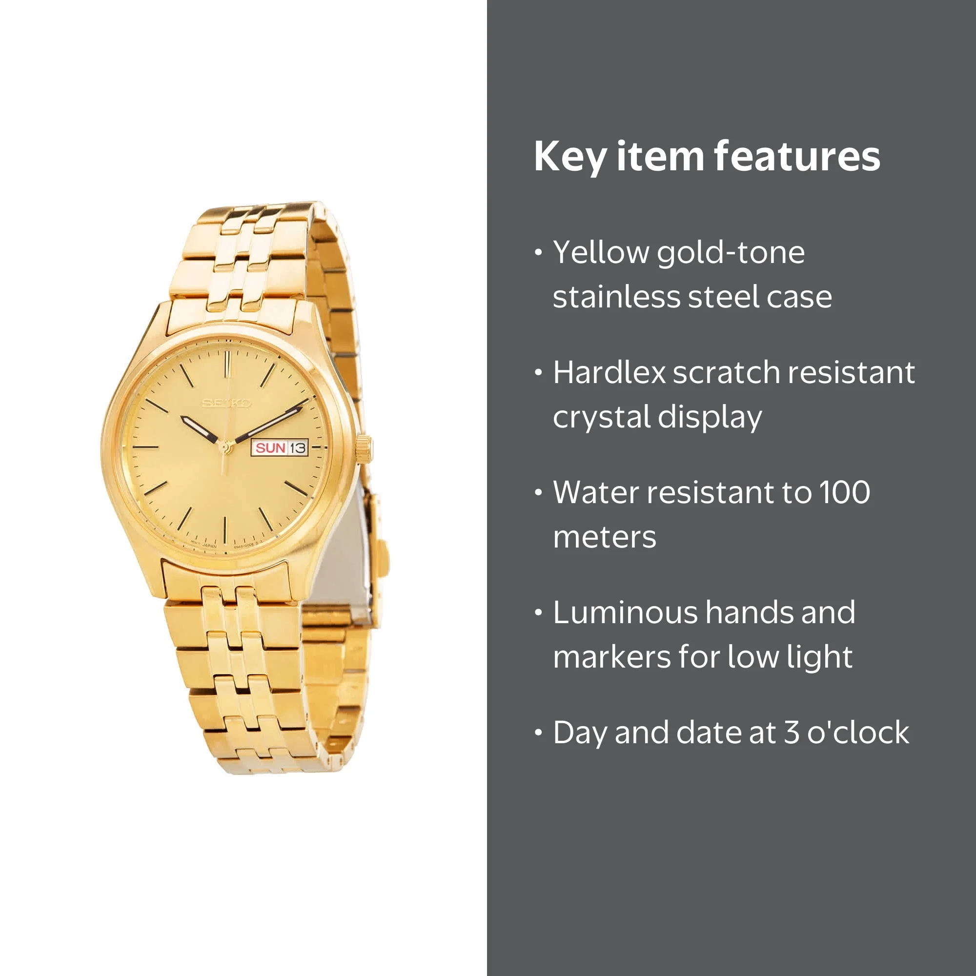 Seiko Essentials Quartz Men's Watch SUR434, Gold Dial, Steel, 100m