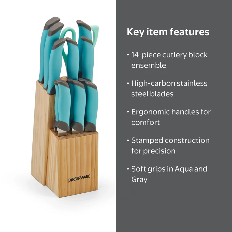 Farberware Classic 14-piece Stamped Soft Grips Aqua and Gray