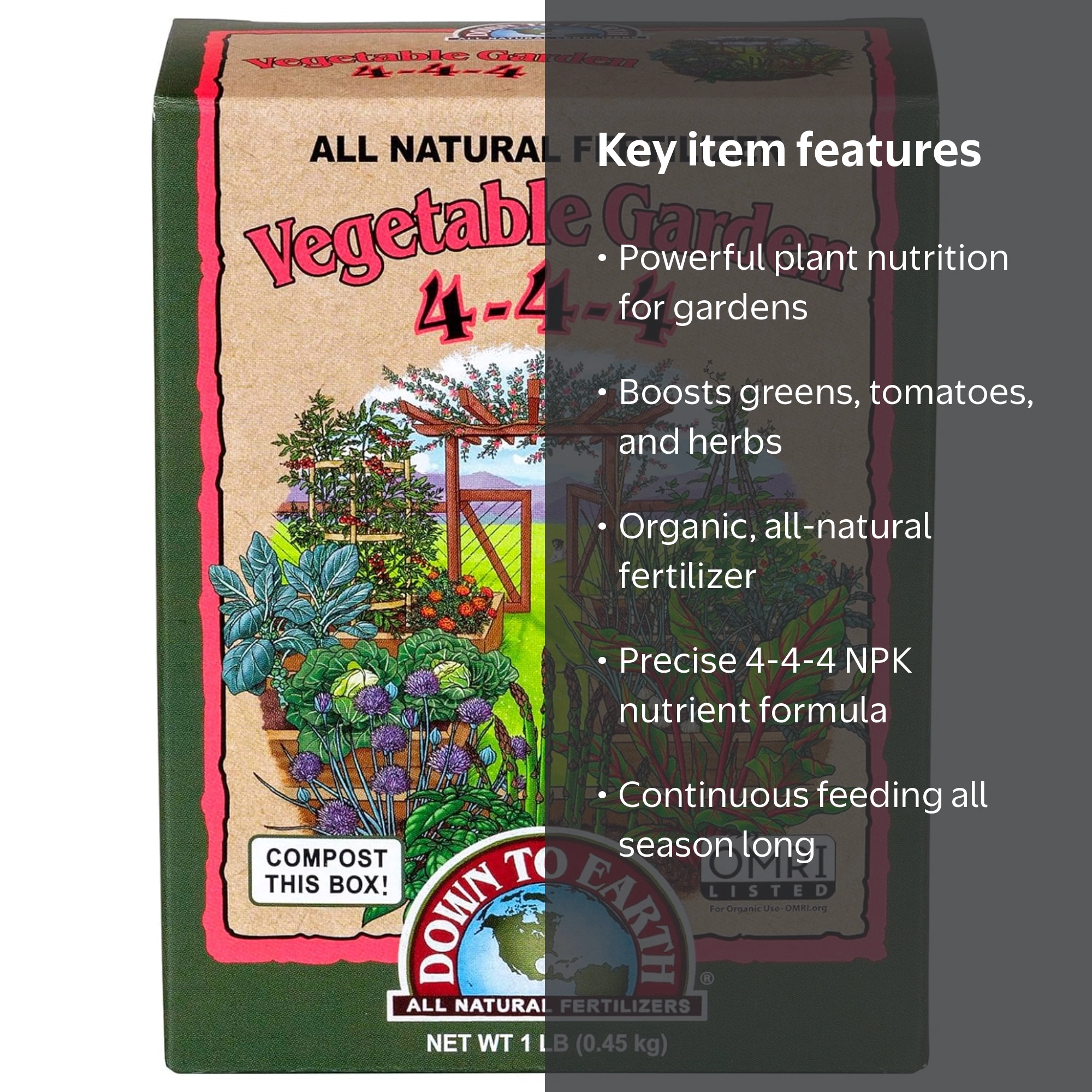 Down to Earth, Organic Vegetable Garden Fertilizer, 4-4-4, 1lb