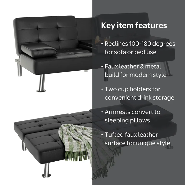 Vineego Modern Faux Leather Couch Convertible Folding Futon Sofa