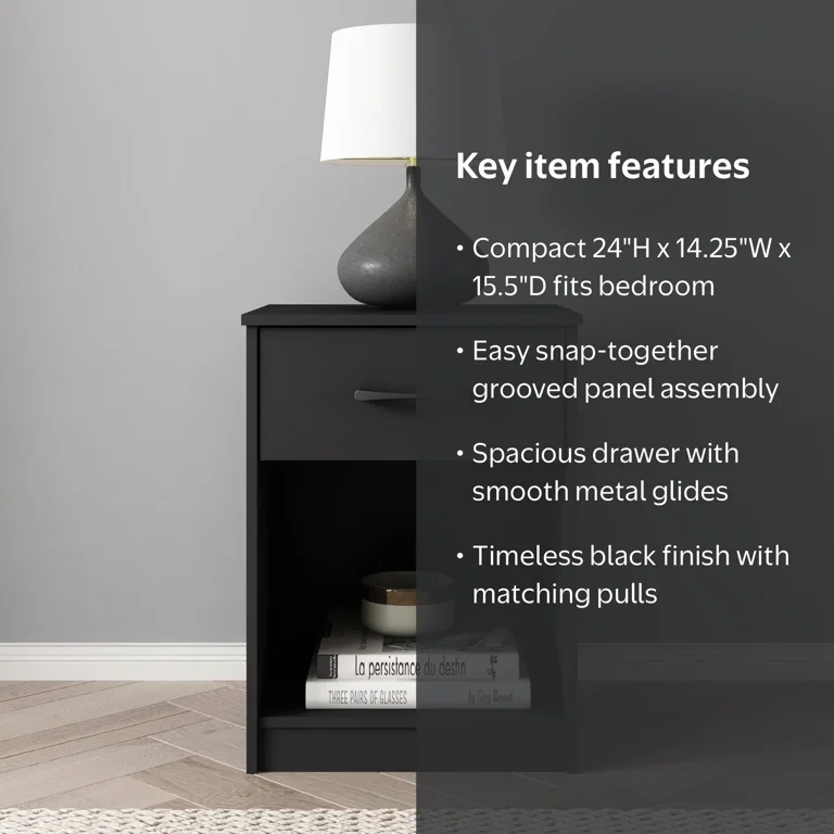 Free Shipping! Mainstays Black Nightstand with 1 Drawer, Sleek and