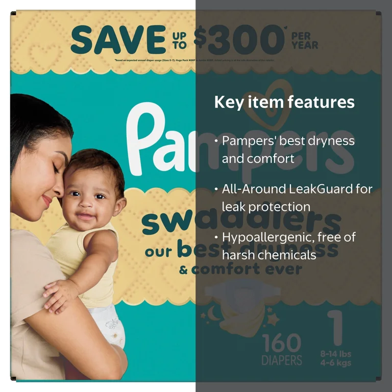Pampers Swaddlers Fragrance Free Baby Diapers Size 1, 160 Count