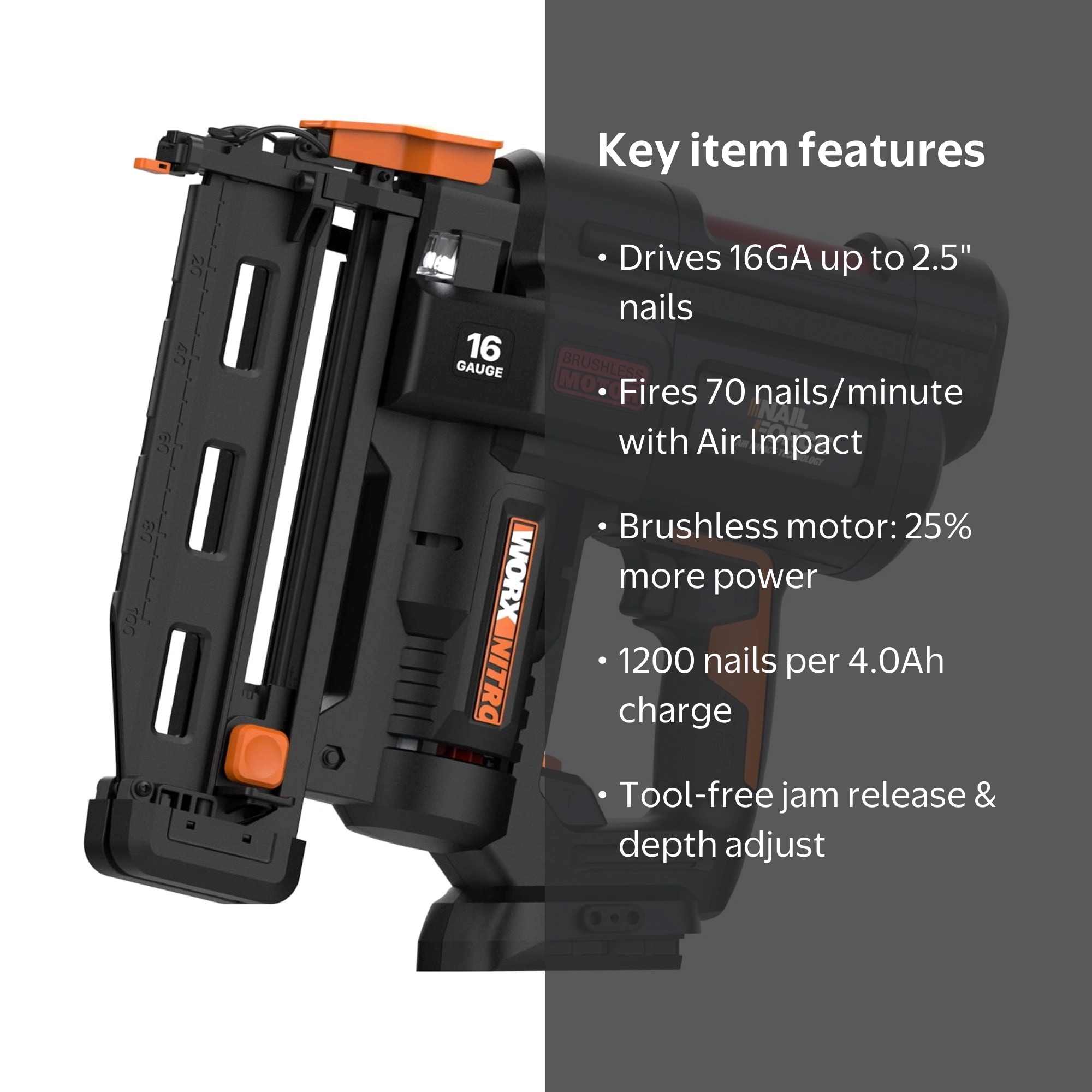 WORX, Finish Nail Gun, WX841L.9 20V 16GA Brushless, Cordless Power