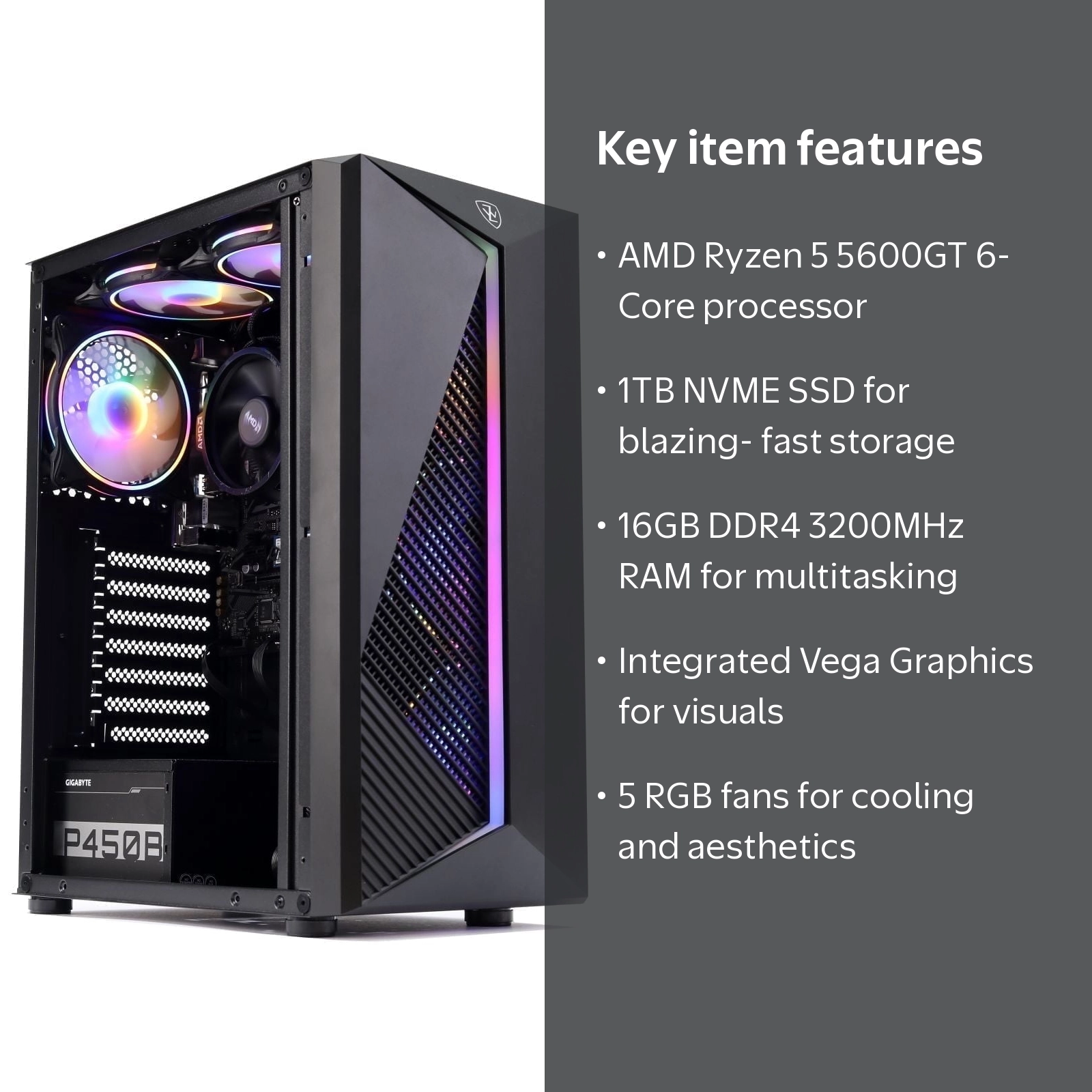 MXZ Gaming PC Desktop, AMD Ryzen 5 5600GT, 16GB DDR4, 1TB NVME SSD