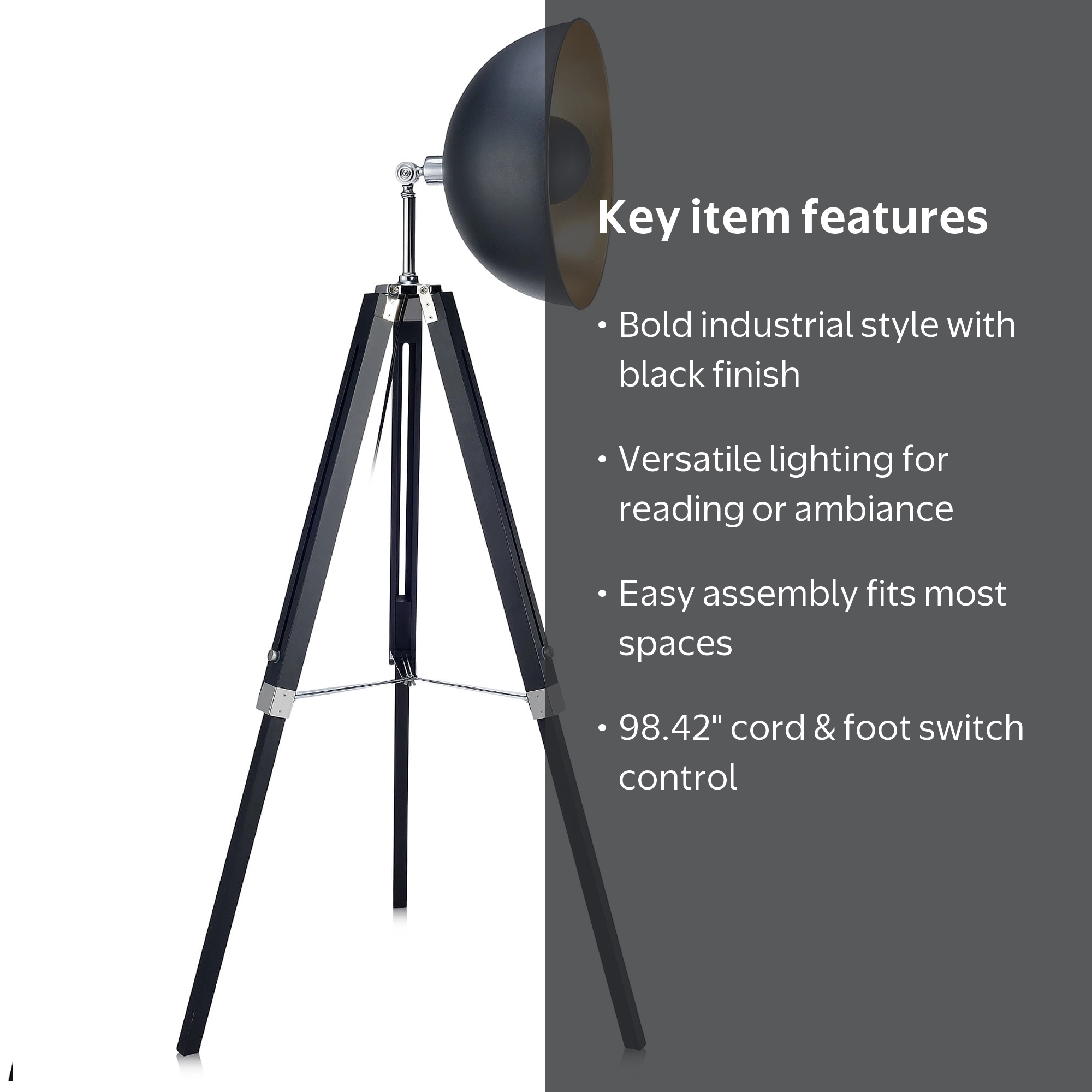 Teamson Home Tripod Floor Lamp Industrial Metal Dish Shade Black