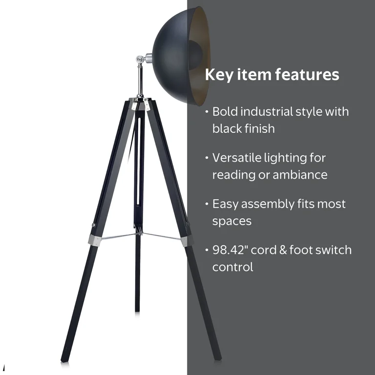 Teamson Home Tripod Floor Lamp Industrial Metal Dish Shade Black