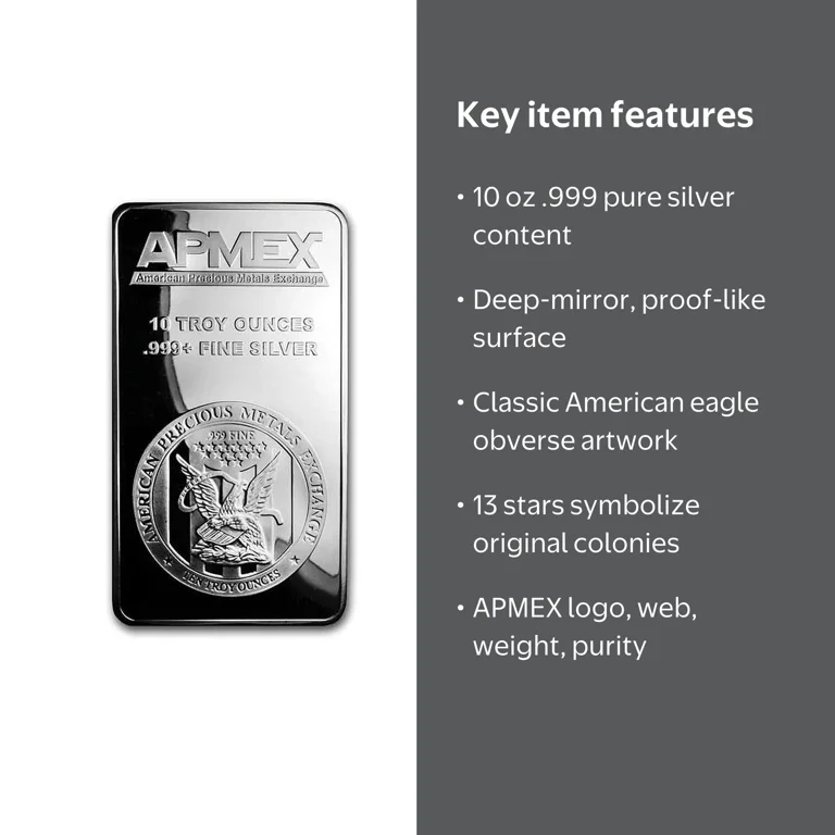 APMEX 10 oz .999 Fine Silver Bullion Bar, Proof-like Finish, Eagle