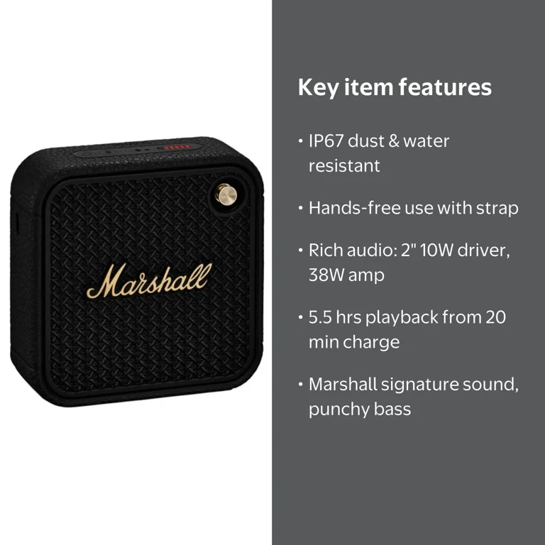 Marshall, Portable Bluetooth Speaker, WILLEN2BTBK, IP67 Waterproof