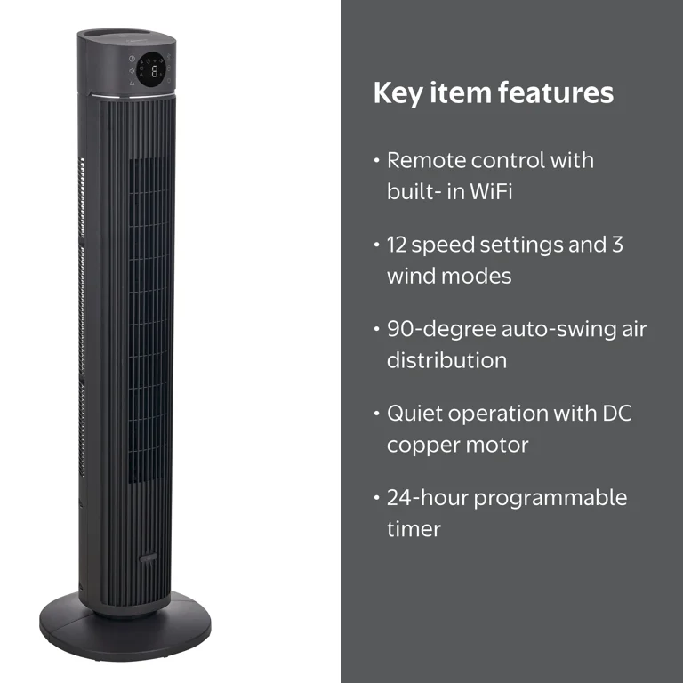Midea 42-Inch Tower Fan Smart WiFi Enabled with 12 Speed Settings