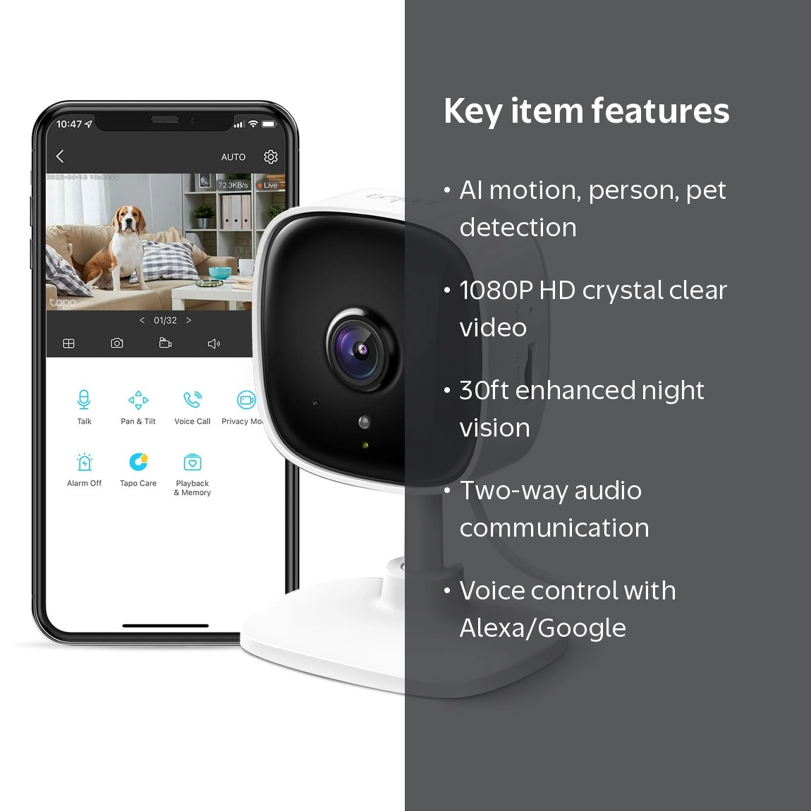 TP-Link Tapo Smart WiFi Camera, 1080p Video, 30 ft Night Vision