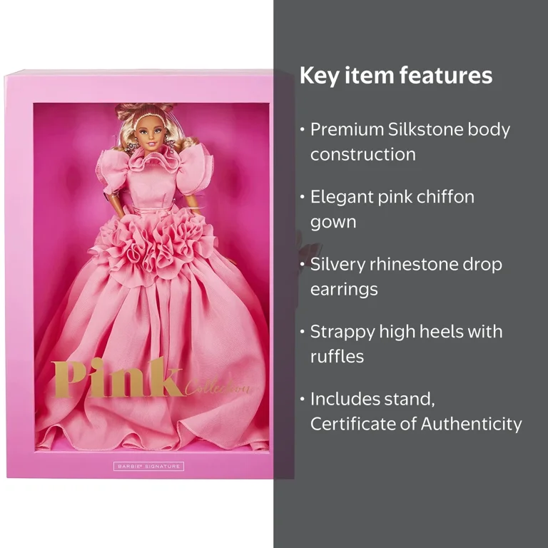 pink dress barbie doll Signature Collection 3, Barbie Doll (Blonde) with Silkstone Body, Wearing Ruffled Chiffon Gown, Gift for Collectors : Toys & Games Greetings from Barbie Land Barbie Signature Looks doll Pink