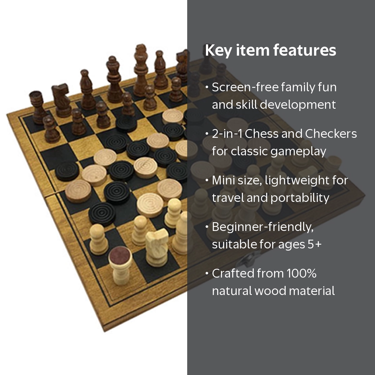 Zummy Natural Wooden 2 in 1 Chess and Checkers Game Puzzle - Mini