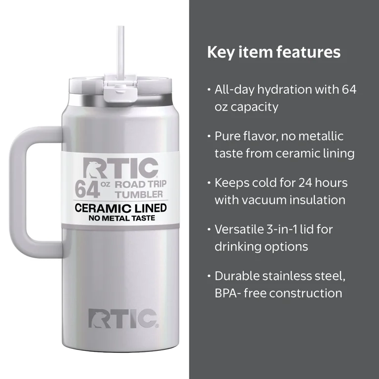 RTIC 64oz Ceramic Lined Tumbler, Insulated, Stainless Steel