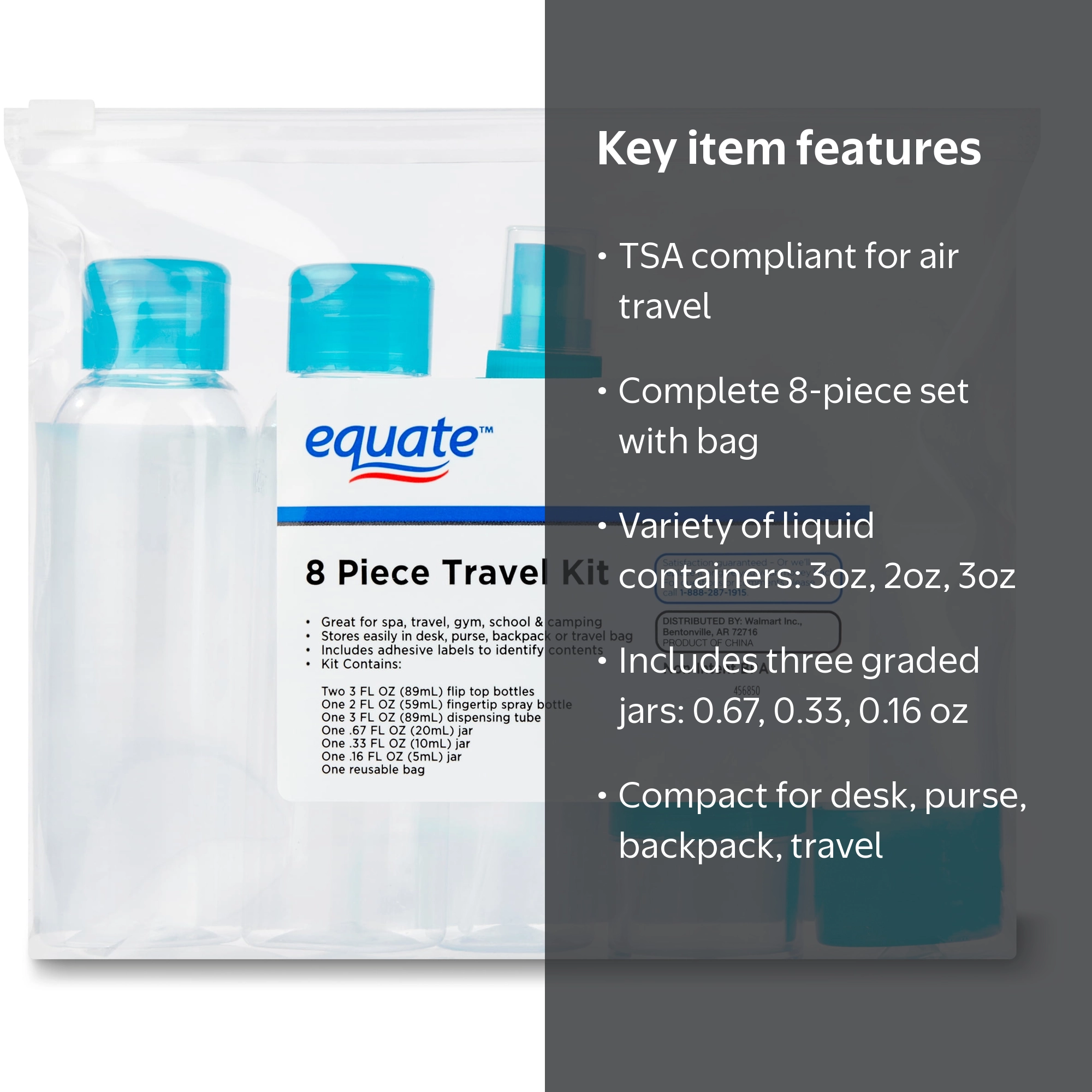 Equate 8-Piece Travel Kit, Colors May Vary, TSA Compliant