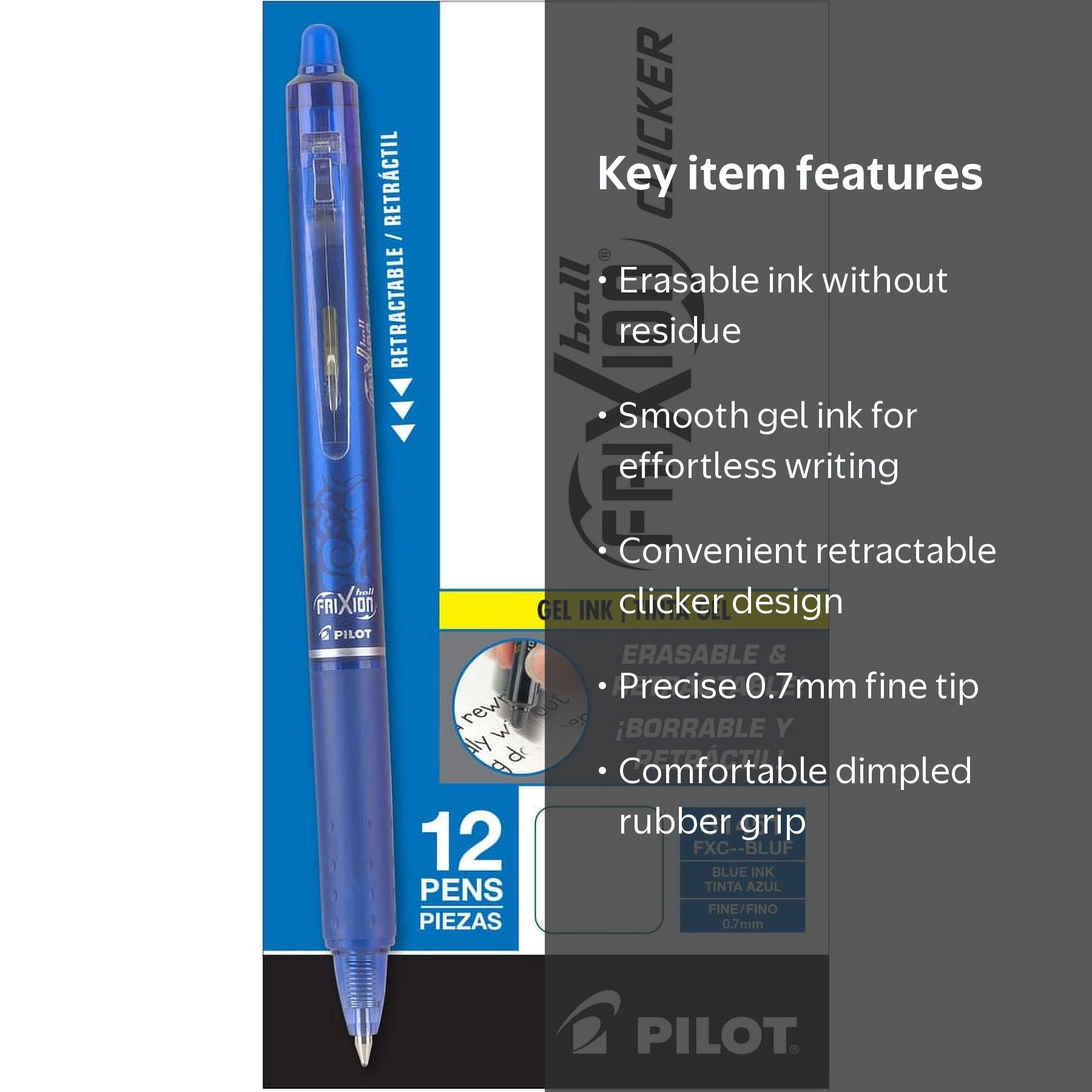 Pilot, PIL31451, FriXion .7mm Clicker Erasable Gel Pens, 12