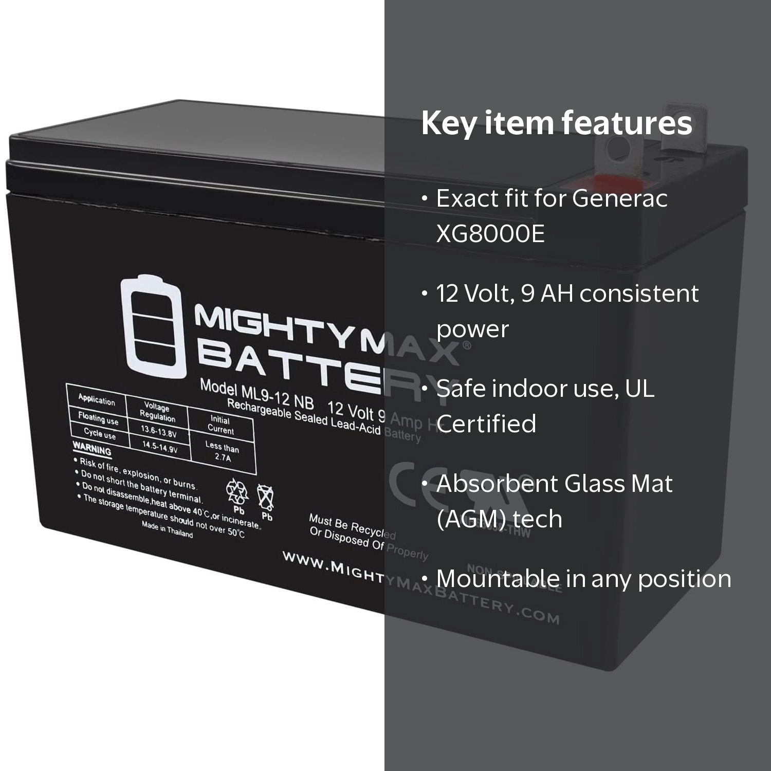 Mighty Max Battery, Battery Replacement, 12V 9AH for Generac