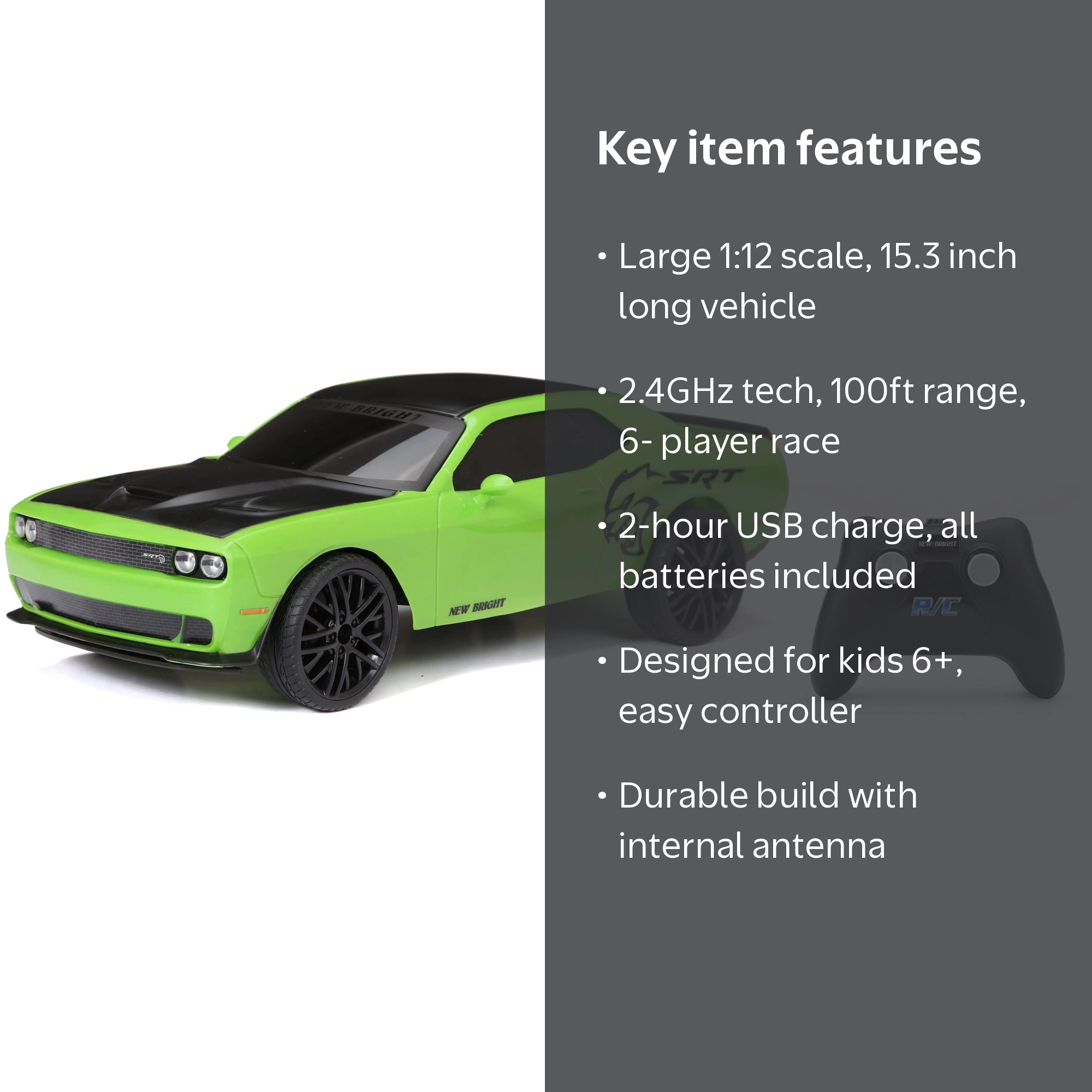 New Bright Dodge Challenger RC Car, 1:12 Scale, Green, 61222-4G