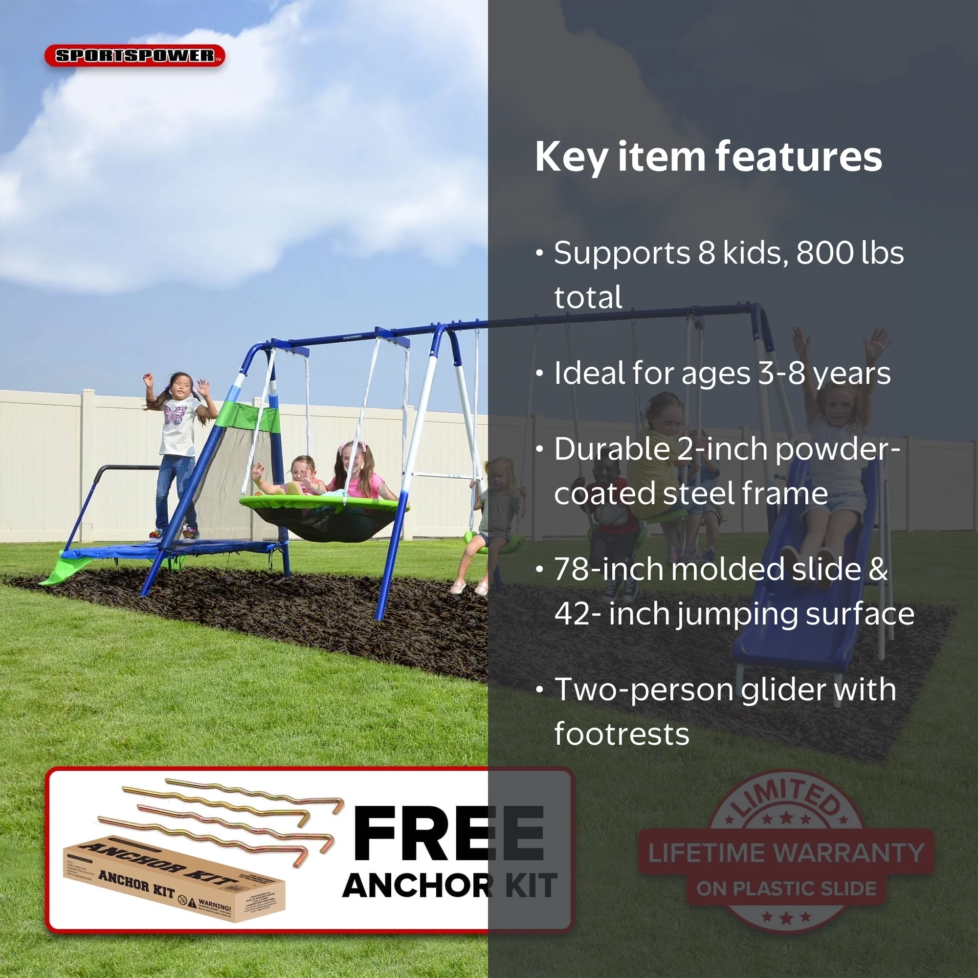 Sportspower Mountain View Metal Swing Set with Glide Ride, Saucer