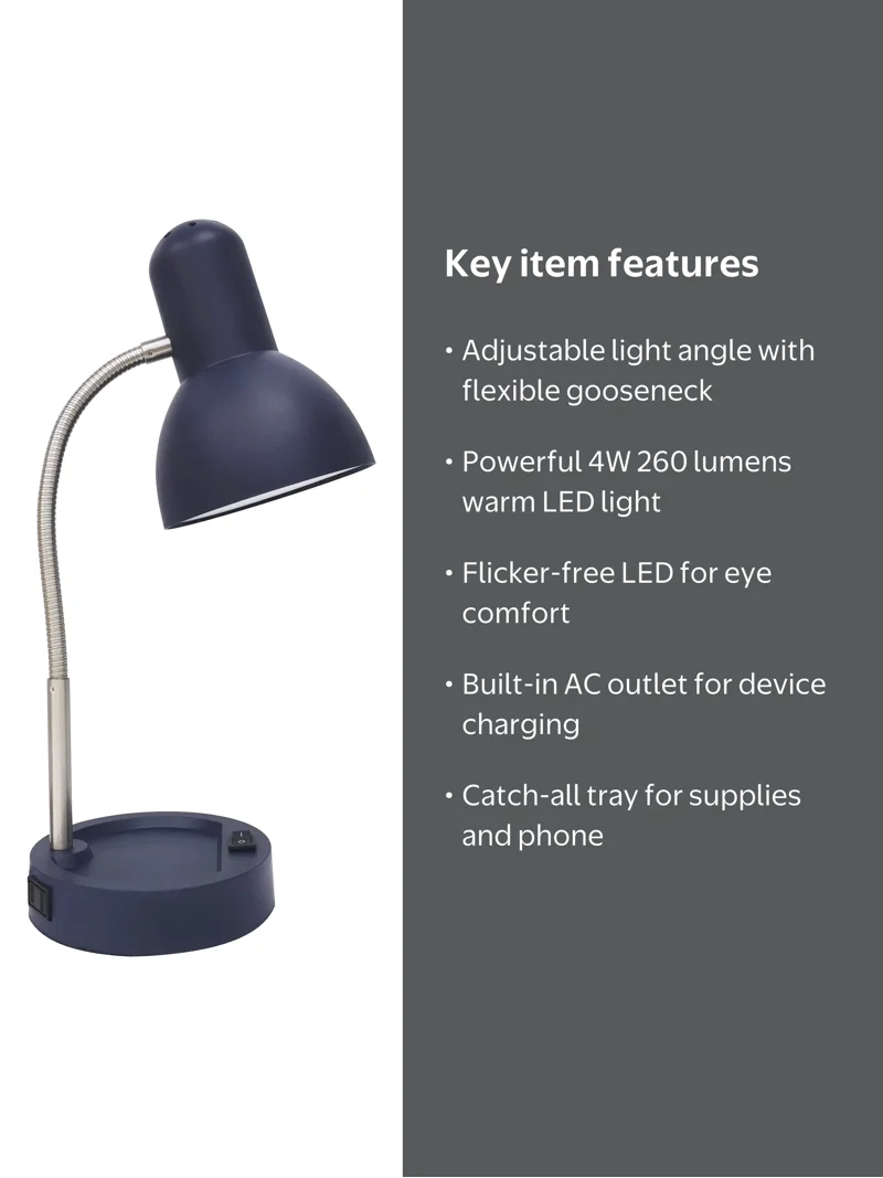 Mainstays LED Gooseneck Desk Lamp with Catch-All Base & AC Outlet