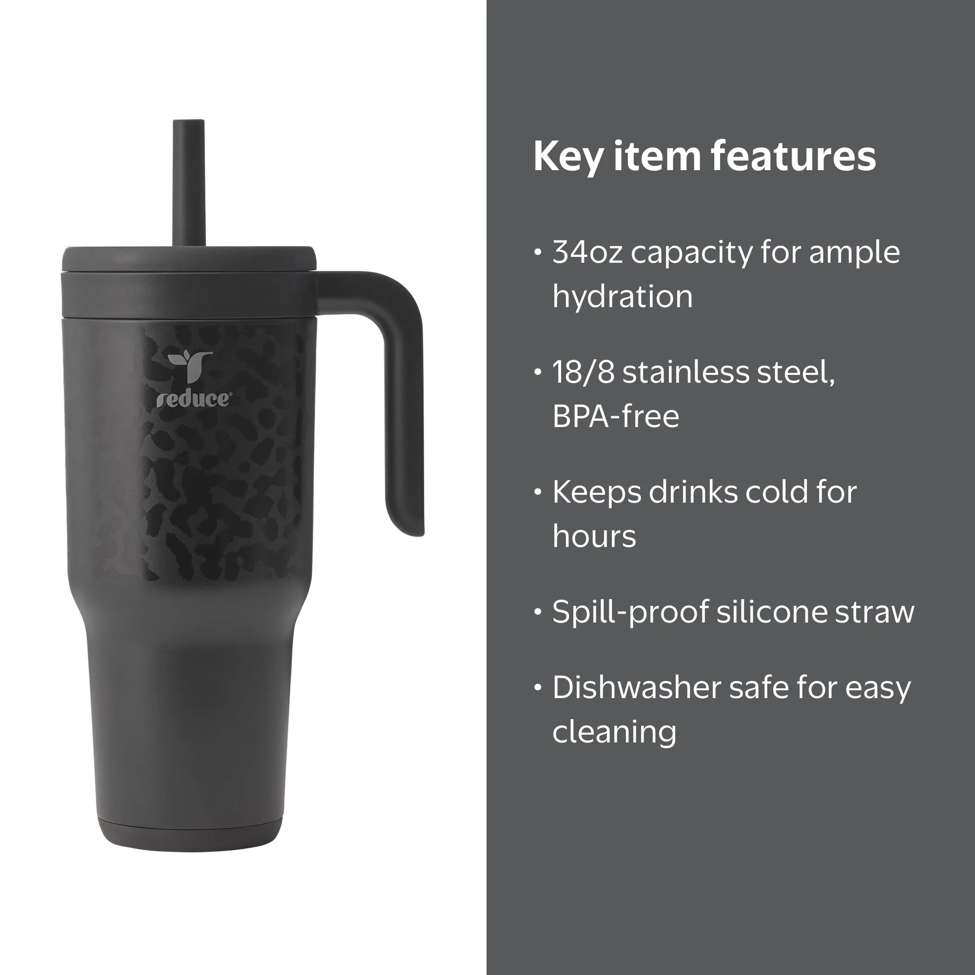 Reduce Chiller 34oz Spill-Proof Tumbler with Handle, Black Cheetah