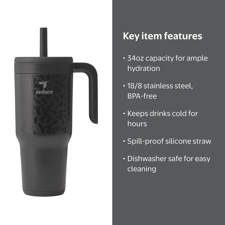 Reduce Chiller 34oz Spill-Proof Tumbler with Handle, Black Cheetah