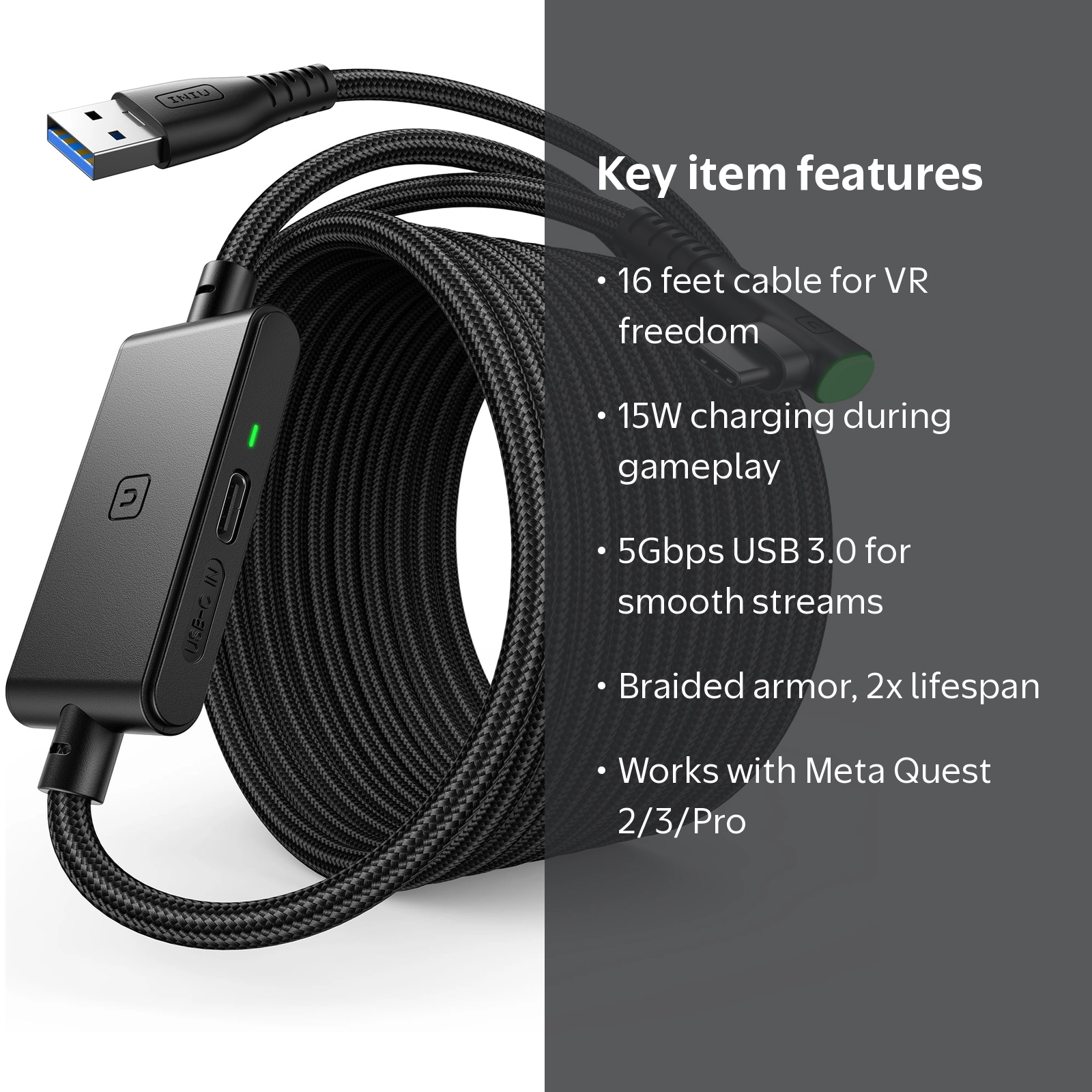 INIU 16ft USB 3.0 Type-C Link Cable for Meta Quest 2/3 Pro + more