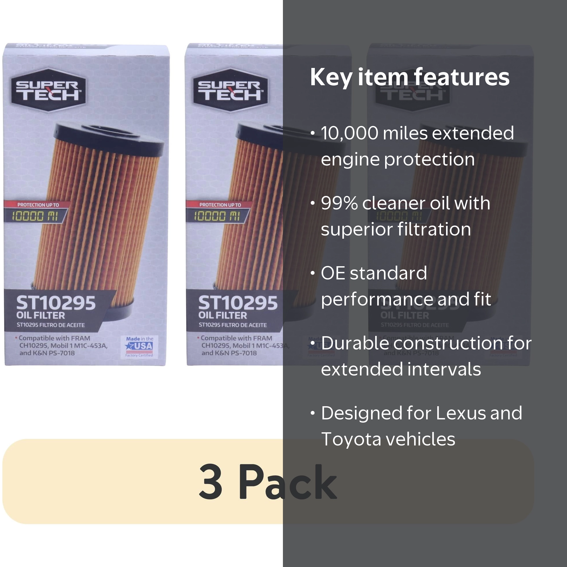 Super Tech, Oil Filter ST10295, 3pk, 10K Mile for Lexus Toyota