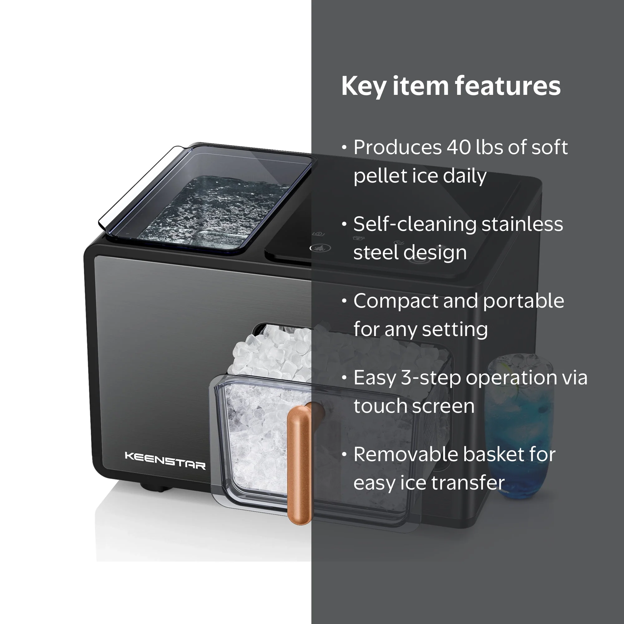 KEENSTAR Nugget Ice Maker, 40lbs/24H, Compact Countertop Sonic Ice