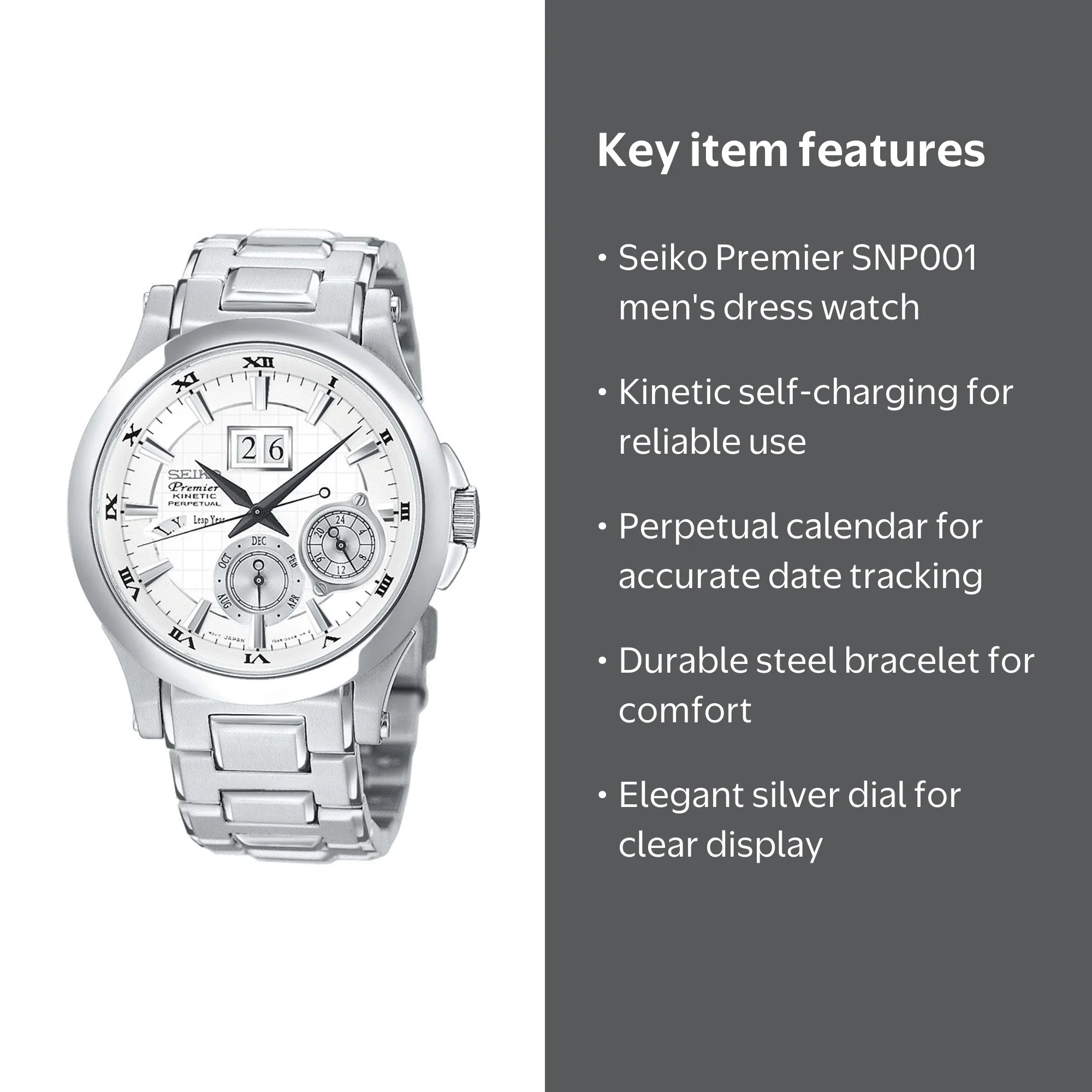 Seiko Men's Premier Kinetic Perpetual Calendar Silver Dial Dress