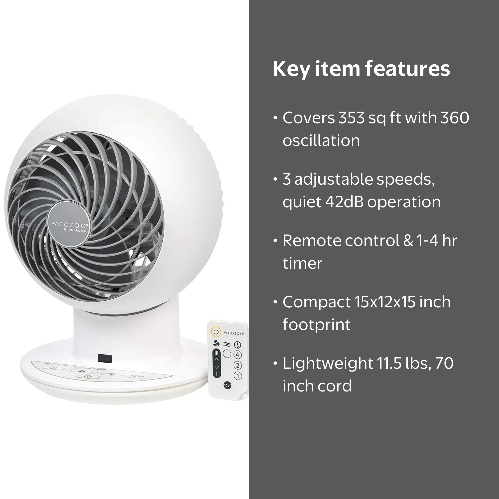 Woozoo, Globe Fan, 5 Speed, Oscillating Air Flow, Remote Control