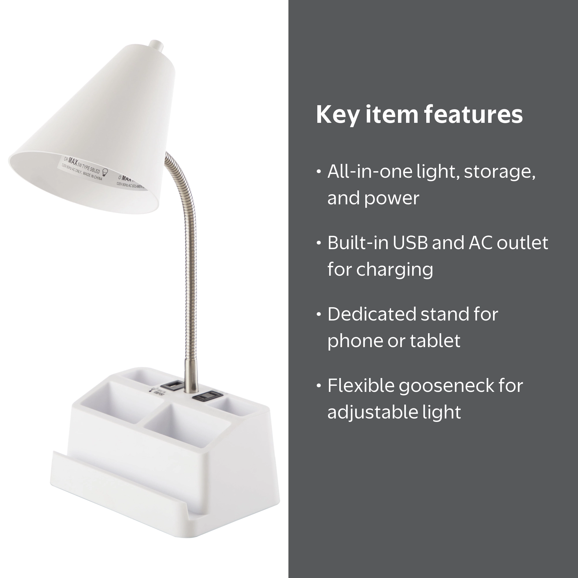 Mainstays 15 in Organizer Desk Lamp with USB Port and AC Outlet