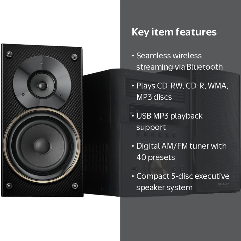 Sharp Stereo CD System, 5-Disc Micro Shelf Speakers, Bluetooth