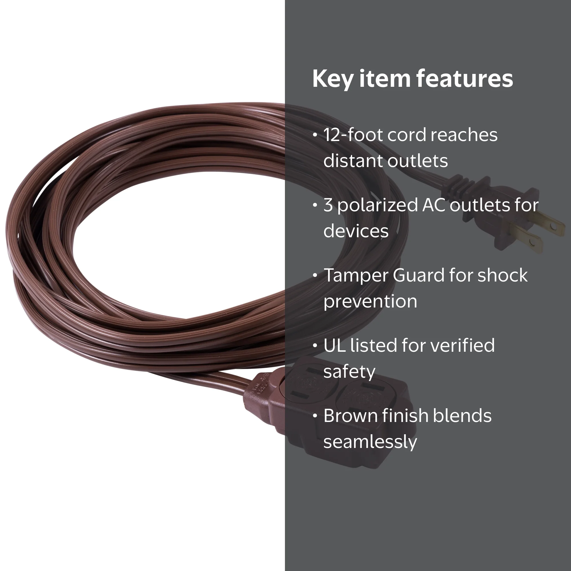 Jasco Extension Cord, Indoor, Brown, Tamper Guard, 12', 125V, 13A