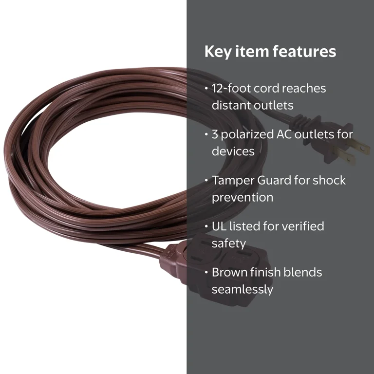 Jasco Extension Cord, Indoor Brown with Tamper Guard, 12', 125V