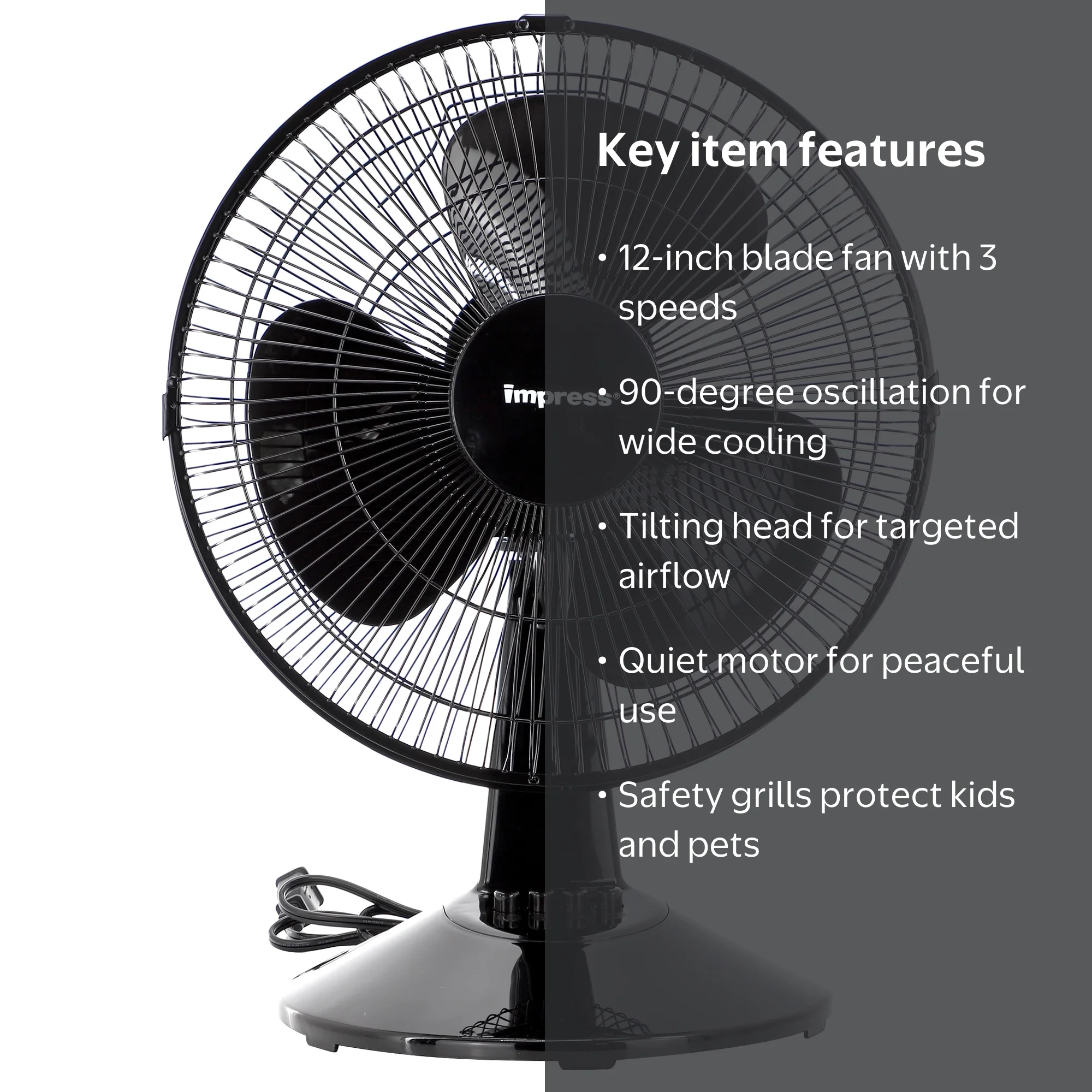 Impress 12 Inch 3 Speed Oscillating Table Fan in Black - Walmart.com
