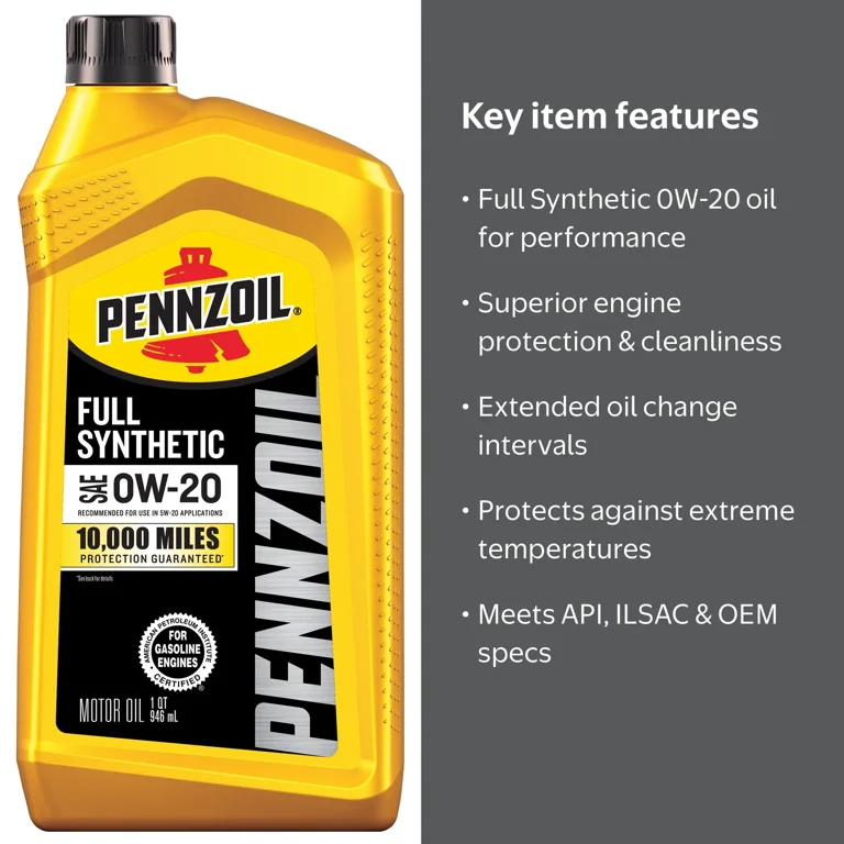 Pennzoil Full Synthetic 0W-20 Motor Oil, 1 Quart - Walmart.com
