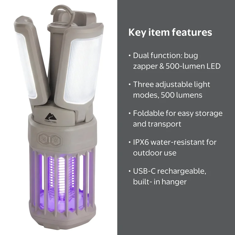 Ozark Trail Grey Bug Zapper LED Lantern with Rechargeable Battery