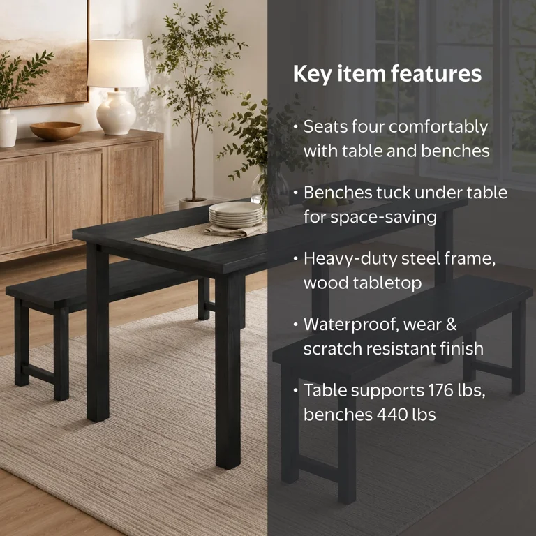 UHOMEPRO Dining Table Set for 4, Kitchen Table with 2 Benches
