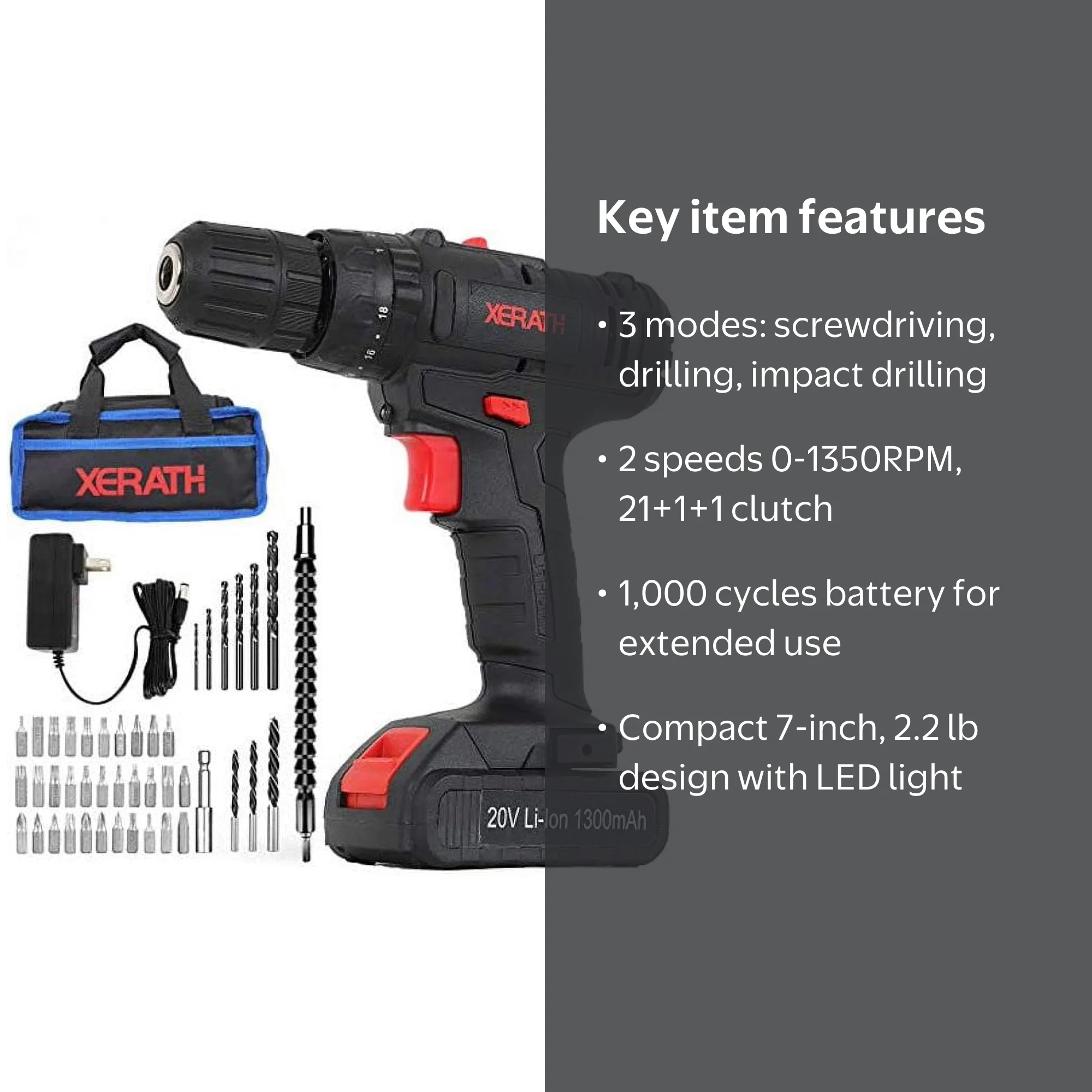 XERATH Cordless Drill Driver Kit 20V, 46 Pieces, Includes Battery