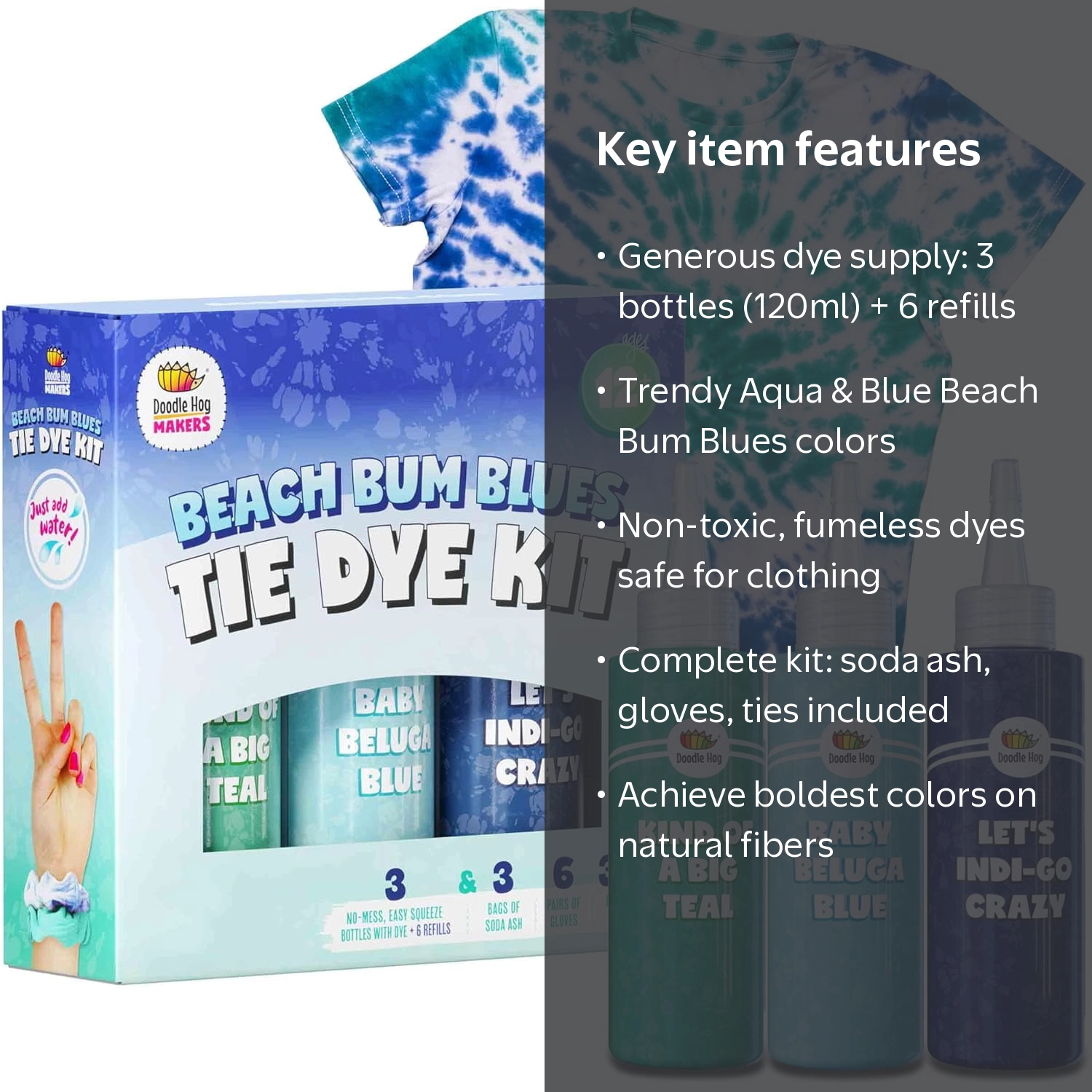 Doodle Hog, Tie Dye Craft Kit, 9 Piece, Aqua & Blue Beach Bum