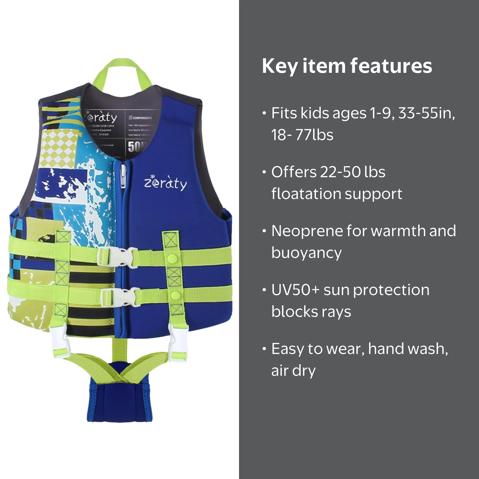 Zeraty Kids Swim Vest Life Jacket, Adjustable Safety Strap, Age 1