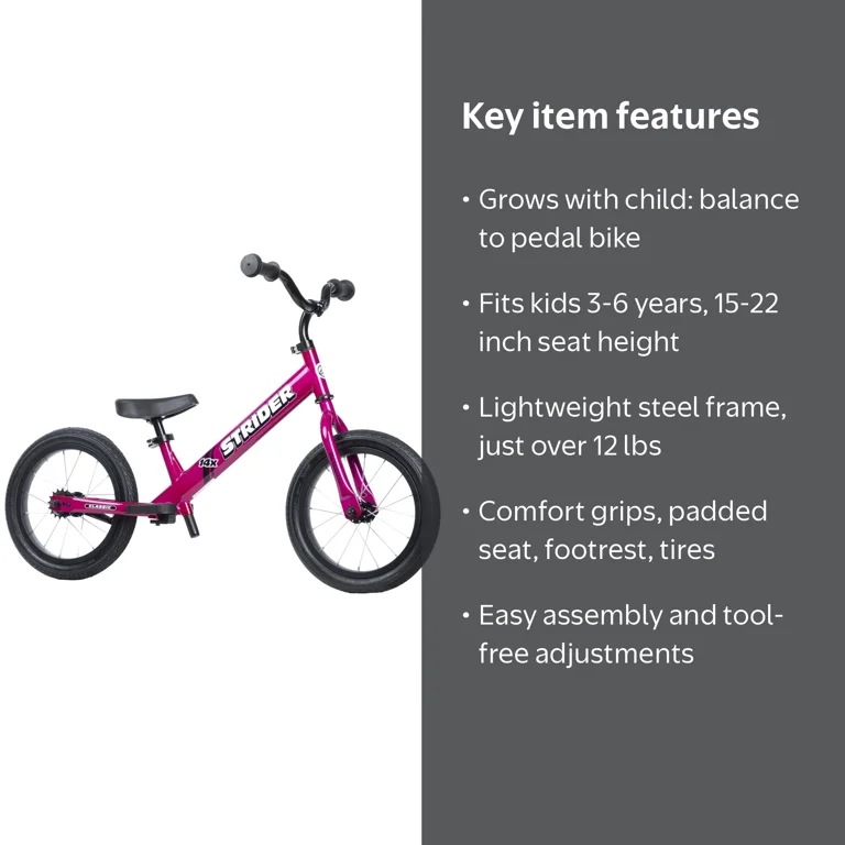 Strider, Balance Bike, 14x Classic, Funky Fuschia for Kids 3 to 6