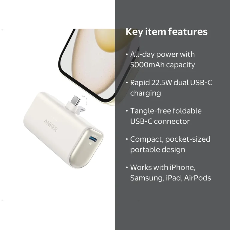 Anker Nano Power Bank, 5,000mAh Portable Charger, Foldable USB-C