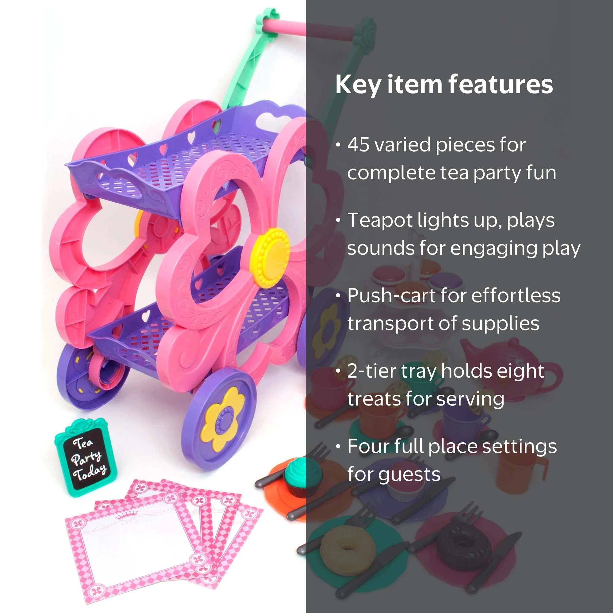 Kid Connection Kids Flower Tea Cart Play Set, 45 Pieces with Light