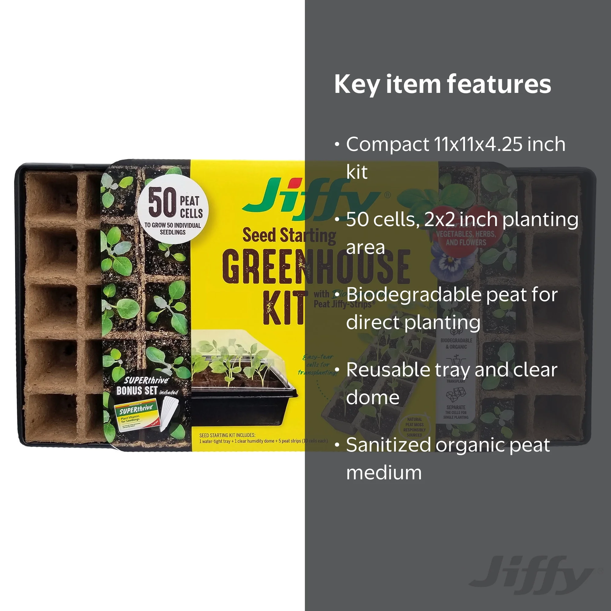 Jiffy 50 Cell Seed Starting Strips Greenhouse Kit, Reusable Tray