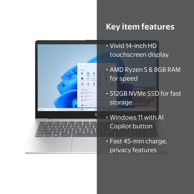 HP, 14 inch Laptop, Natural Silver, 512 GB SSD, HD Touchscreen