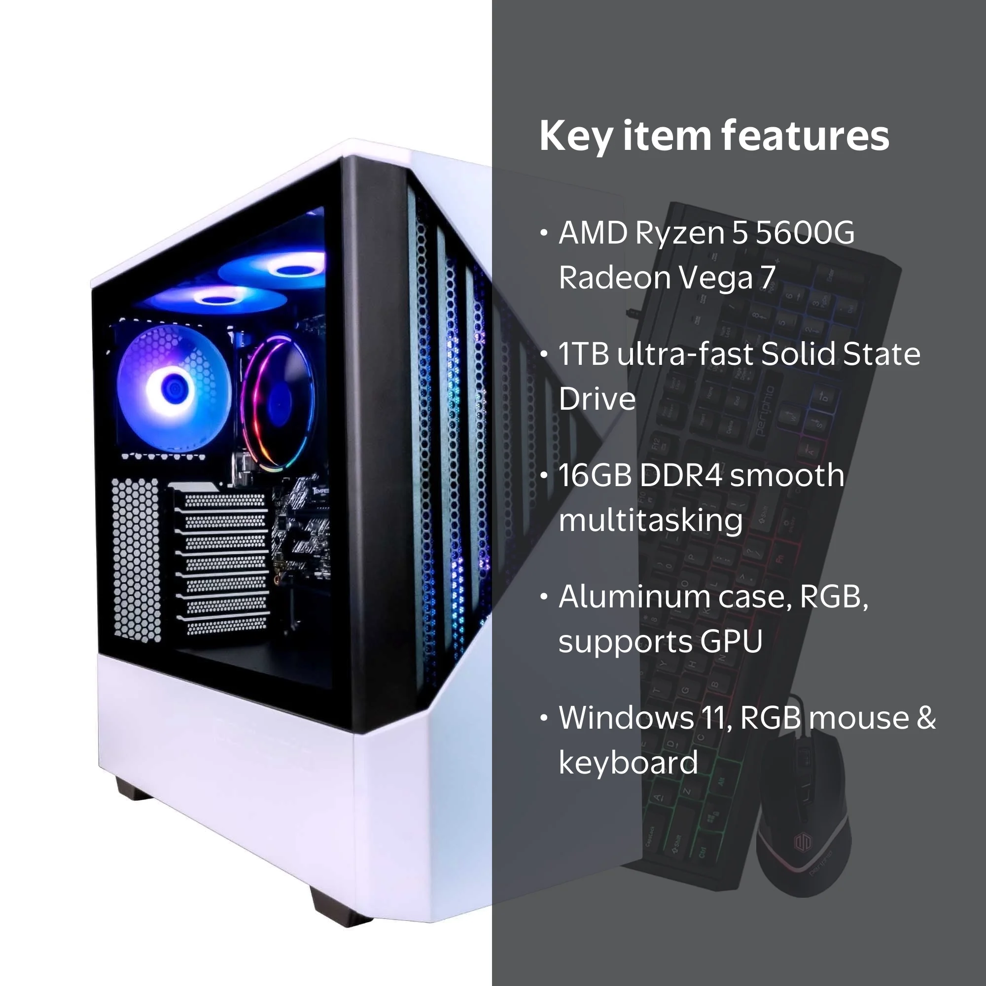 Periphio Gaming PC Desktop: Ryzen 5 5600G, Radeon Vega 7, 16GB RAM
